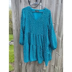 Fancyinn Teal Blue Polka Dot Tiered Mini Dress V-Neck Long Balloon Sleeve Large